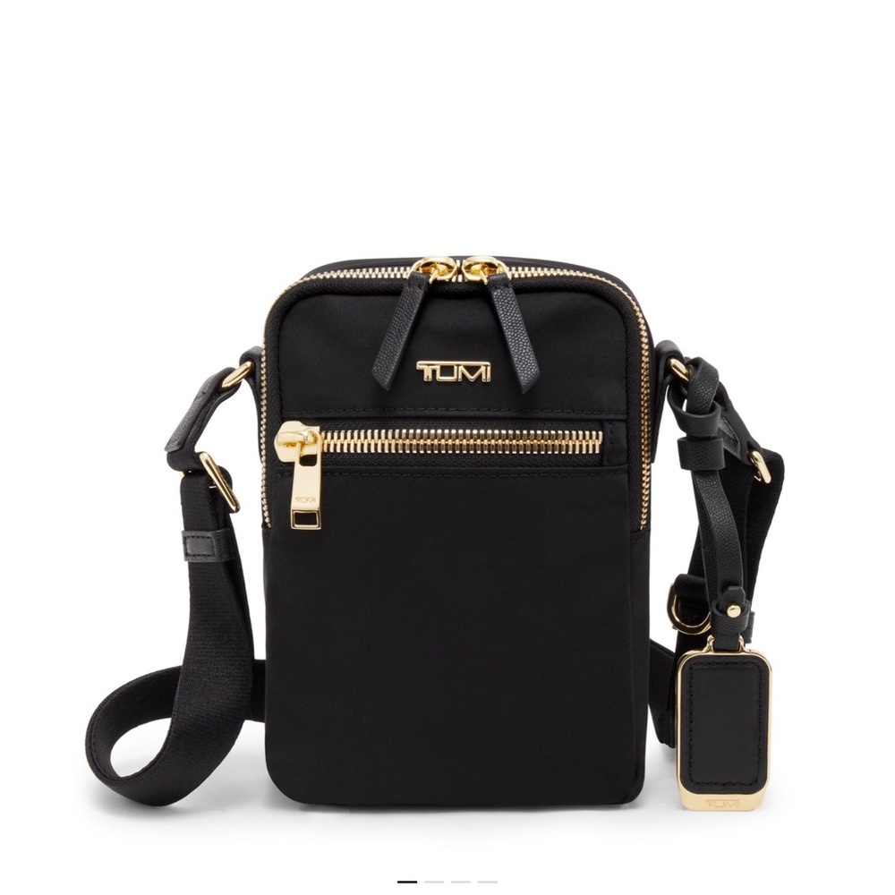 TUMI Black Messenger Bag with Gold Accents
